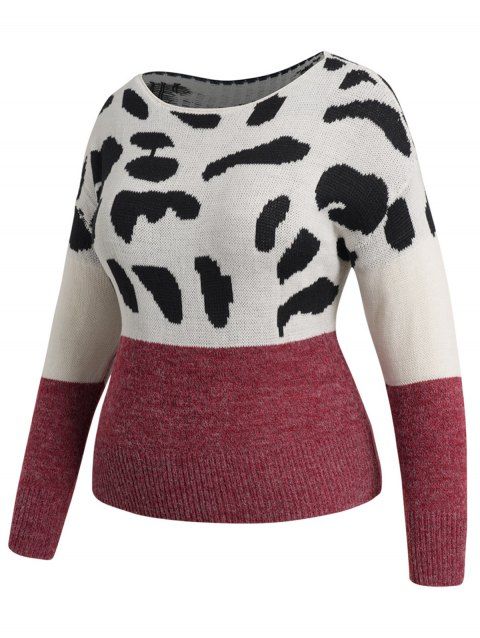 Plus Size & Curve Drop Shoulder Knit Sweater Cow Pattern Graphic Colorblock Sweater