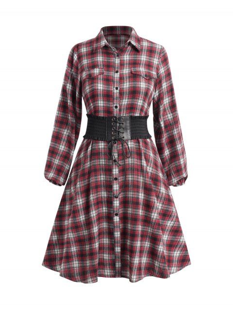 Plus Size & Curve Belted Plaid Dress Button Up Mock Pocket High Waist Midi Dress