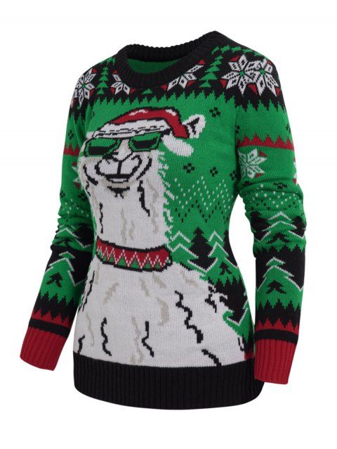 Christmas Tree Alpaca Snowflake Graphic Ugly Sweater Crew Neck Pullover Sweater