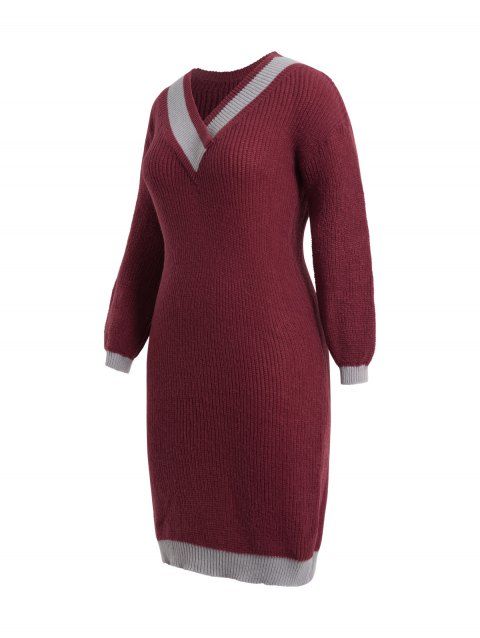 Plus Size Colorblock Mini Sweater Dress V Neck Drop Shoulder Casual Sweater Dress
