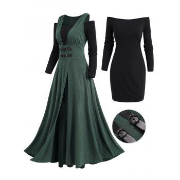 

Low Cut High Waist Longline Top And Off The Shoulder Long Sleeve Mini Dress Colorblock Two Piece Set, Deep green