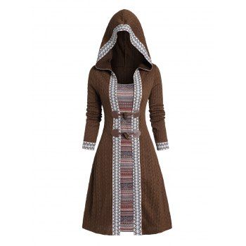 

Hooded Tribal Geometric Graphic Knit Faux Twinset Dress Horn Button Textured Knitted Mini 2-in-1 Dress, Deep coffee