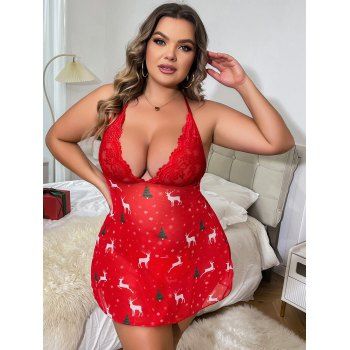 

Plus Size Sheer Mesh Lace Halter Babydoll Christmas Tree Elk Snowflake Print Lingerie T-back Set, Red