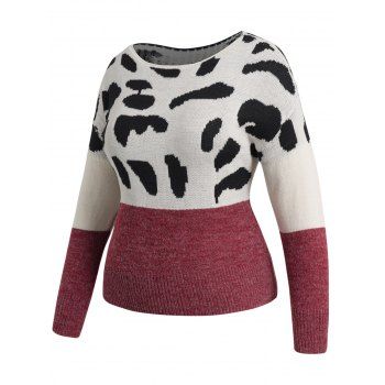 

Plus Size & Curve Drop Shoulder Knit Sweater Cow Pattern Graphic Colorblock Sweater, Deep red