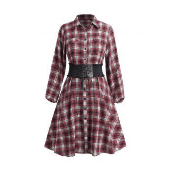 

Plus Size & Curve Belted Plaid Dress Button Up Mock Pocket High Waist Midi Dress, Multicolor a