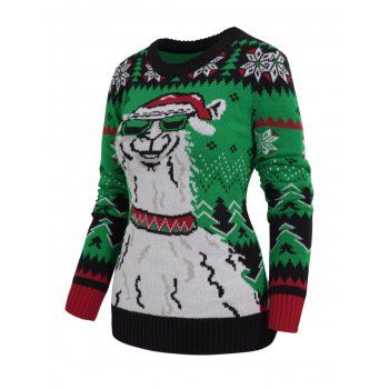 

Christmas Tree Alpaca Snowflake Graphic Ugly Sweater Crew Neck Pullover Sweater, Green