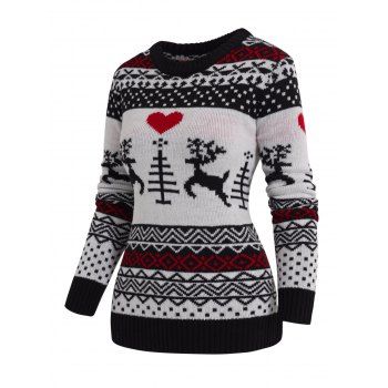 

Christmas Elk Heart Geometric Graphic Ugly Sweater Crew Neck Pullover Sweater, Black