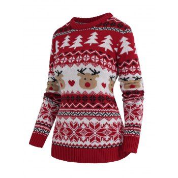 

Christmas Tree Snowflake Elk Graphic Ugly Crew Neck Ribbed Hem Pullover Sweater, Red