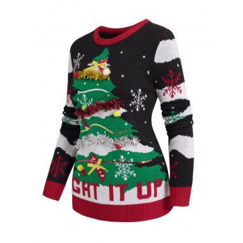 

Christmas Ugly Sweater Christmas Tree Tiny Ball Bell Tinsel Crew Neck Sweater, Multicolor a