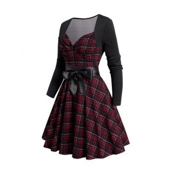 

Long Sleeve Belted Plaid Dress Ruched Buster Sweetheart Collar Mini Dress, Deep red