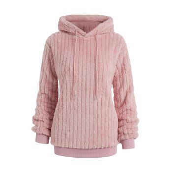 

Fluffy Hoodie Solid Color Ribbed Drop Shoulder Drawstring Warm Hoodie, Light pink