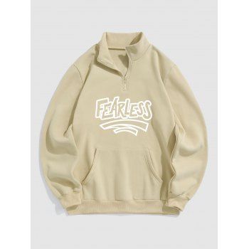 

Men's Fleece Lining A Quarter Zip Sweatshirt Contrast Letter Print Front Pocket Sweatshirt, Light coffee