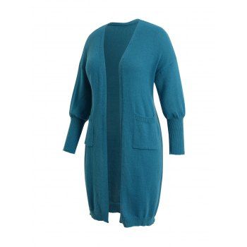 

Plus Size Drop Shoulder Long Knit Cardigan Open Front Pocket Patches Lantern Sleeve Cardigan, Blue