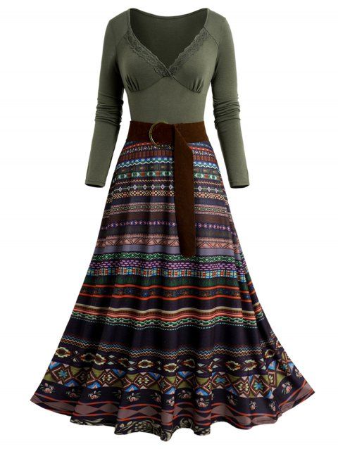 Tribal Pattern Long Sleeve Plunge Belted Midi Dress High Waist Lace Insert Ethnic Dress