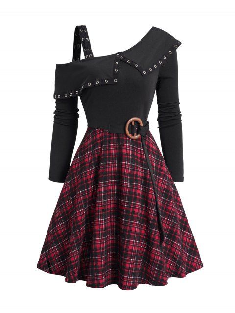 Plaid Print Skew Collar Mini Dress O Ring Self-belt Grommet Asymmetric Flounce Combo Dress