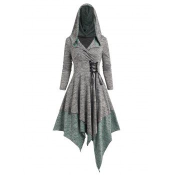 

Colorblock Space Dye Print Asymmetric Hooded Dress Lace Up Layered Midi Handkerchief Dress, Light gray