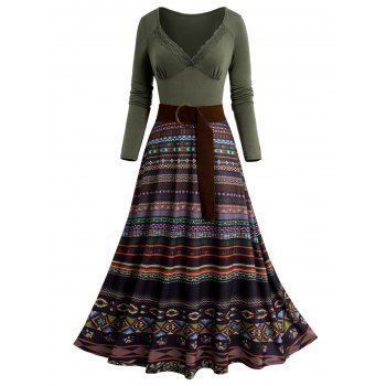 

Tribal Pattern Long Sleeve Plunge Belted Midi Dress High Waist Lace Insert Ethnic Dress, Deep green