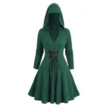 

Lace Up Twist Cable Knit Hooded Sweater Dress Solid Color Notched Mini Dress, Deep green