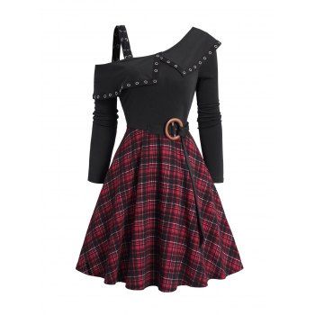 

Plaid Print Skew Collar Mini Dress O Ring Self-belt Grommet Asymmetric Flounce Combo Dress, Deep red