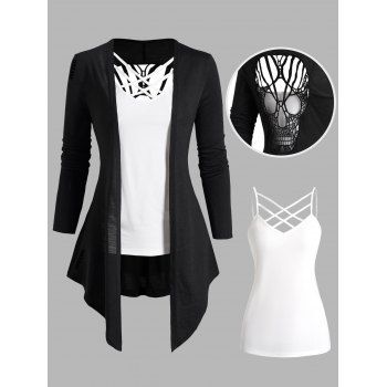 

Skull Hollow Out Pointed Hem Long Sleeve Open Front Top And Lattice Basic Spaghetti Strap Camisole Set, Black