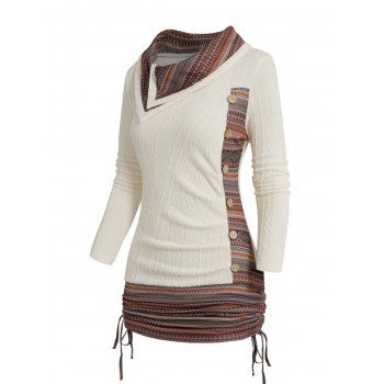 

Contrast Tribal Pattern Panel Cinched Knit Top Mock Button Ruched Ethnic Knitted Top, Beige