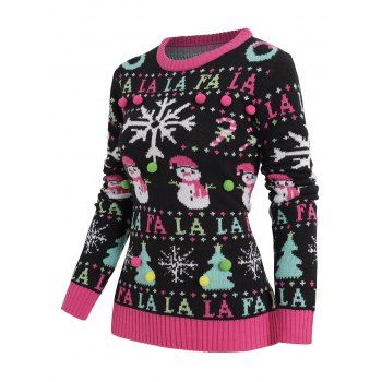 

Christmas Snowflake Snowman Letter Graphic Ugly Sweater Crew Neck Ribbed Hem Pullover Sweater, Multicolor a