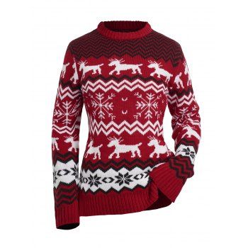 

Christmas Elk Snowflake Chevron Graphic Ugly Sweater Crew Neck Pullover Sweater, Red