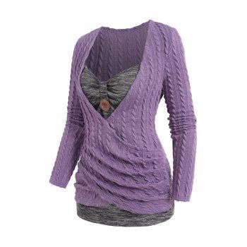 

Colorblock Textured Faux Twinset Knit Top Crossover Long Sleeve Knitted Twofer Top, Light purple