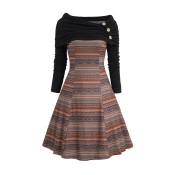 

Tribal Geometric Stripe Print Mini Dress Foldover Mock Button Contrast Knit Panel Dress, Coffee