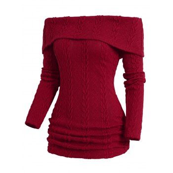 

Off The Shoulder Cable Knit Sweater Foldover Solid Color Ruched Sweater, Red