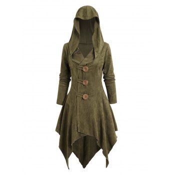 

Asymmetric Long Hooded Coat Button Solid Color Irregular Hem Coat, Deep green