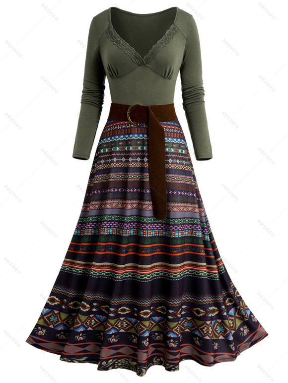 Tribal Pattern Long Sleeve Plunge Belted Midi Dress High Waist Lace Insert Ethnic Dress - DEEP GREEN XL | US 12