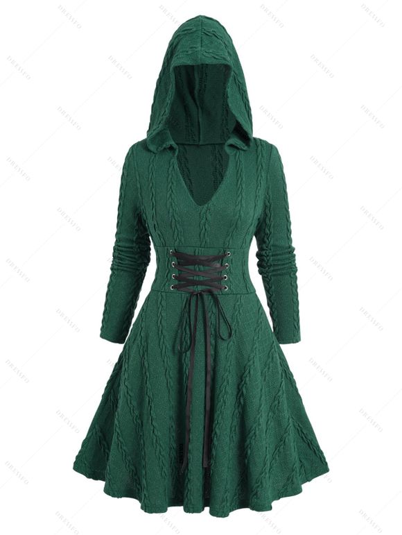 Mini Robe à Capuche Tordu en Couleur Unie à Lacets - Vert profond L | US 8-10