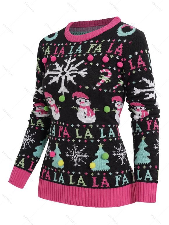 Pull à Col Ras de Cou Côtelé Imprimé Bonhomme de Neige et Inscription Merry Christmas Style Graphique - multicolor A M | US 6