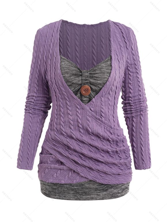 Haut Croisé Texturé Tricoté en Blocs de Couleurs à Manches Longues Fausse Deux Pièces - Violet clair M | US 6