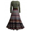 Tribal Pattern Long Sleeve Plunge Belted Midi Dress High Waist Lace Insert Ethnic Dress - DEEP GREEN XL | US 12