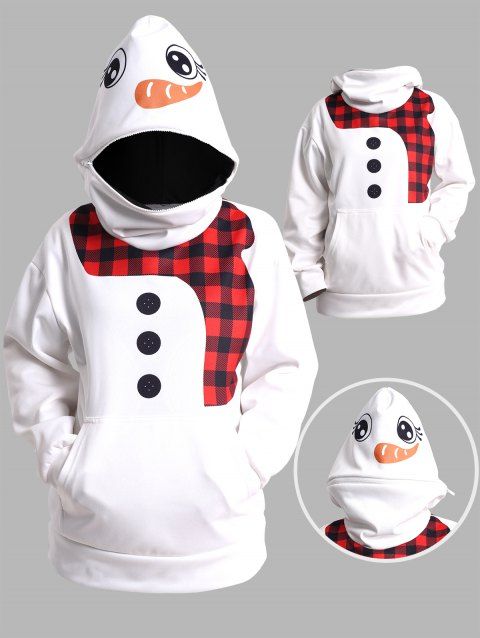 Snowman Costume Christmas Zipper Hoodie Plaid 3D Print Drop Shoulder Kangaroo Pocket Hoodie
