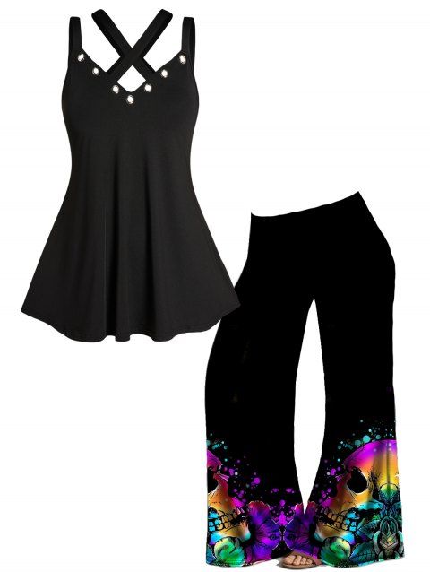Ensemble de Débardeur à Dos Croisé avec Œillets et Pantalon à Imprimé Crâne Coloré Grande Taille