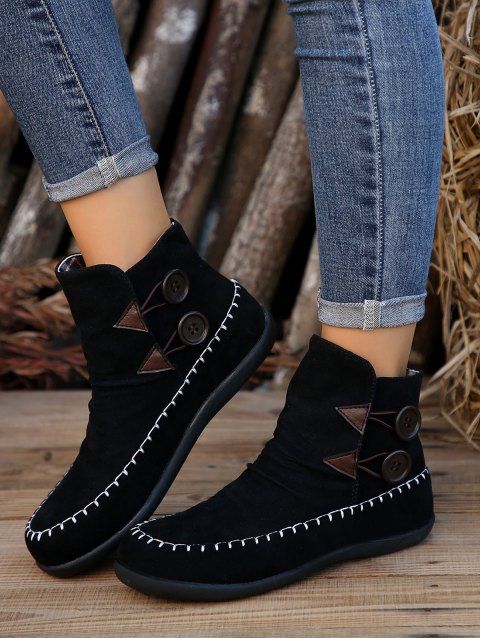 Contrast Stitching Button Flat Platform Ankle Boots