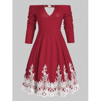 

Keyhole Off Shoulder Contrast Lace Dress, Red