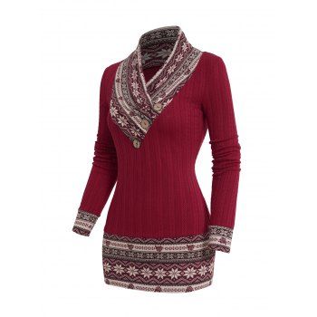 

Christmas Snowflake Tribal Pattern Shawl Neck Knit Top Texture Mock Button Knitted Top, Deep red