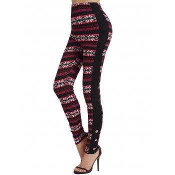 

Snowflake Tribal Pattern Christmas Knit Leggings Mock Button Panel Knitted Leggings, Deep red