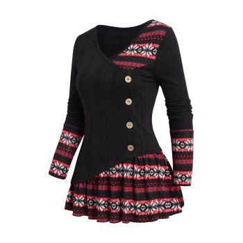 

Tribal Geometric Pattern Patchwork Knit Top V Neck Mock Button Ethnic Knitted Top, Black