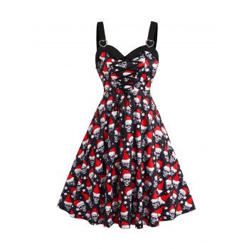 

Christmas Cap Skull Allover Print Lace Up Dress Heart Ring Sweetheart Neck Sleeveless Dress, Black