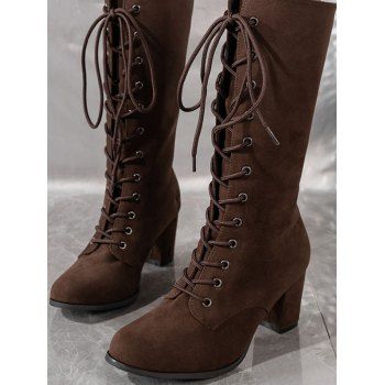 

Solid Color Chunky Heel Lace Up Mid Calf Boots, Brown