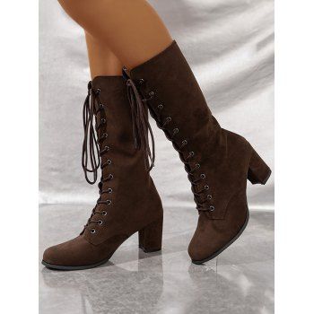 Solid Color Chunky Heel Lace Up Mid Calf Boots 