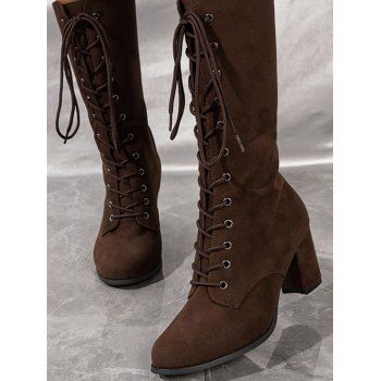 Solid Color Chunky Heel Lace Up Mid Calf Boots 