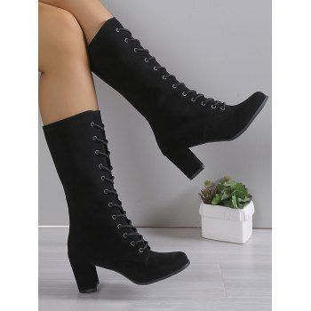 Solid Color Chunky Heel Lace Up Mid Calf Boots