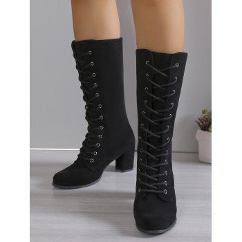 Solid Color Chunky Heel Lace Up Mid Calf Boots 