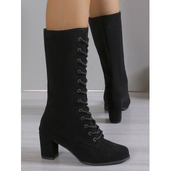 Solid Color Chunky Heel Lace Up Mid Calf Boots 